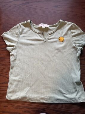 No Comment Kids Sage Green Ribbed Tee with Smiley Patch
